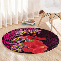 Pasifika Festival Round Carpet Plumeria Turtles with Hibiscus - Polynesian Art Tattoo Pink Color LT03 - Polynesian Pride