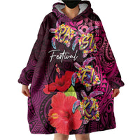 Pasifika Festival Wearable Blanket Hoodie Plumeria Turtles with Hibiscus - Polynesian Art Tattoo Pink Color LT03 - Polynesian Pride