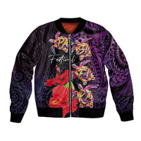 Pasifika Festival Bomber Jacket Plumeria Turtles with Hibiscus - Polynesian Art Tattoo Purple Color LT03 Unisex Purple - Polynesian Pride