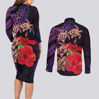 Pasifika Festival Couples Matching Long Sleeve Bodycon Dress and Long Sleeve Button Shirt Plumeria Turtles with Hibiscus - Polynesian Art Tattoo Purple Color LT03 - Polynesian Pride