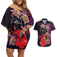 Pasifika Festival Couples Matching Off Shoulder Short Dress and Hawaiian Shirt Plumeria Turtles with Hibiscus - Polynesian Art Tattoo Purple Color LT03 Purple - Polynesian Pride