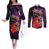 Pasifika Festival Couples Matching Off The Shoulder Long Sleeve Dress and Long Sleeve Button Shirt Plumeria Turtles with Hibiscus - Polynesian Art Tattoo Purple Color LT03 Purple - Polynesian Pride