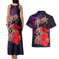 Pasifika Festival Couples Matching Tank Maxi Dress and Hawaiian Shirt Plumeria Turtles with Hibiscus - Polynesian Art Tattoo Purple Color LT03 - Polynesian Pride