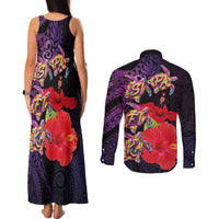 Pasifika Festival Couples Matching Tank Maxi Dress and Long Sleeve Button Shirt Plumeria Turtles with Hibiscus - Polynesian Art Tattoo Purple Color LT03 - Polynesian Pride