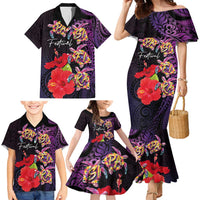 Pasifika Festival Family Matching Mermaid Dress and Hawaiian Shirt Plumeria Turtles with Hibiscus - Polynesian Art Tattoo Purple Color LT03 - Polynesian Pride