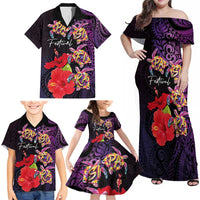 Pasifika Festival Family Matching Off Shoulder Maxi Dress and Hawaiian Shirt Plumeria Turtles with Hibiscus - Polynesian Art Tattoo Purple Color LT03 - Polynesian Pride
