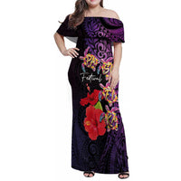 Pasifika Festival Family Matching Off Shoulder Maxi Dress and Hawaiian Shirt Plumeria Turtles with Hibiscus - Polynesian Art Tattoo Purple Color LT03 Mom's Dress Purple - Polynesian Pride