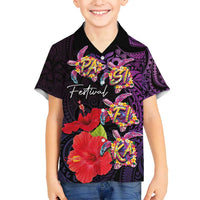 Pasifika Festival Family Matching Off Shoulder Maxi Dress and Hawaiian Shirt Plumeria Turtles with Hibiscus - Polynesian Art Tattoo Purple Color LT03 Son's Shirt Purple - Polynesian Pride