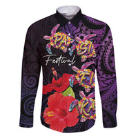 Pasifika Festival Family Matching Short Sleeve Bodycon Dress and Hawaiian Shirt Plumeria Turtles with Hibiscus - Polynesian Art Tattoo Purple Color LT03 Dad's Shirt - Long Sleeve Purple - Polynesian Pride