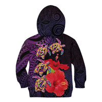 Pasifika Festival Kid Hoodie Plumeria Turtles with Hibiscus - Polynesian Art Tattoo Purple Color LT03 - Polynesian Pride