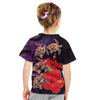 Pasifika Festival Kid T Shirt Plumeria Turtles with Hibiscus - Polynesian Art Tattoo Purple Color LT03 - Polynesian Pride
