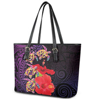 Pasifika Festival Leather Tote Bag Plumeria Turtles with Hibiscus - Polynesian Art Tattoo Purple Color LT03 - Polynesian Pride