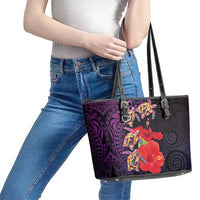 Pasifika Festival Leather Tote Bag Plumeria Turtles with Hibiscus - Polynesian Art Tattoo Purple Color LT03 - Polynesian Pride
