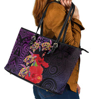 Pasifika Festival Leather Tote Bag Plumeria Turtles with Hibiscus - Polynesian Art Tattoo Purple Color LT03 - Polynesian Pride