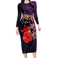 Pasifika Festival Long Sleeve Bodycon Dress Plumeria Turtles with Hibiscus - Polynesian Art Tattoo Purple Color LT03 Long Dress Purple - Polynesian Pride