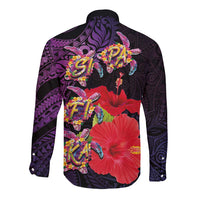 Pasifika Festival Long Sleeve Button Shirt Plumeria Turtles with Hibiscus - Polynesian Art Tattoo Purple Color LT03 - Polynesian Pride