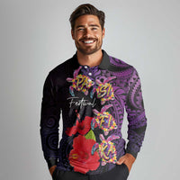 Pasifika Festival Long Sleeve Polo Shirt Plumeria Turtles with Hibiscus - Polynesian Art Tattoo Purple Color LT03 - Polynesian Pride