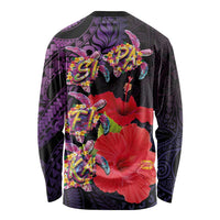 Pasifika Festival Long Sleeve Shirt Plumeria Turtles with Hibiscus - Polynesian Art Tattoo Purple Color LT03 - Polynesian Pride