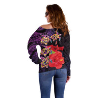 Pasifika Festival Off Shoulder Sweater Plumeria Turtles with Hibiscus - Polynesian Art Tattoo Purple Color LT03 - Polynesian Pride