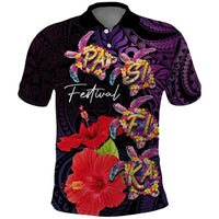 Pasifika Festival Polo Shirt Plumeria Turtles with Hibiscus - Polynesian Art Tattoo Purple Color LT03 Purple - Polynesian Pride