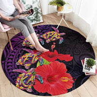 Pasifika Festival Round Carpet Plumeria Turtles with Hibiscus - Polynesian Art Tattoo Purple Color LT03 - Polynesian Pride