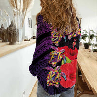 Pasifika Festival Women Casual Shirt Plumeria Turtles with Hibiscus - Polynesian Art Tattoo Purple Color LT03 - Polynesian Pride
