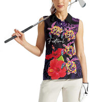 Pasifika Festival Women Sleeveless Polo Shirt Plumeria Turtles with Hibiscus - Polynesian Art Tattoo Purple Color LT03 - Polynesian Pride