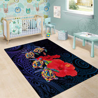 Pasifika Festival Area Rug Plumeria Turtles with Hibiscus - Polynesian Art Tattoo Dark Navy Color LT03 - Polynesian Pride