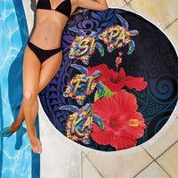 Pasifika Festival Beach Blanket Plumeria Turtles with Hibiscus - Polynesian Art Tattoo Dark Navy Color LT03 - Polynesian Pride
