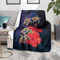 Pasifika Festival Blanket Plumeria Turtles with Hibiscus - Polynesian Art Tattoo Dark Navy Color LT03 - Polynesian Pride