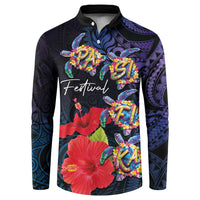 Pasifika Festival Button Sweatshirt Plumeria Turtles with Hibiscus - Polynesian Art Tattoo Dark Navy Color LT03 Dark Navy - Polynesian Pride