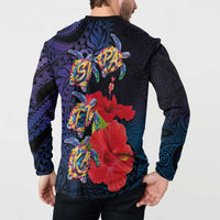 Pasifika Festival Button Sweatshirt Plumeria Turtles with Hibiscus - Polynesian Art Tattoo Dark Navy Color LT03 - Polynesian Pride