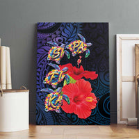 Pasifika Festival Canvas Wall Art Plumeria Turtles with Hibiscus - Polynesian Art Tattoo Dark Navy Color LT03 - Polynesian Pride