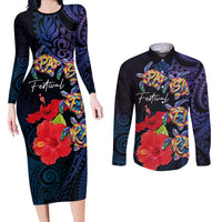Pasifika Festival Couples Matching Long Sleeve Bodycon Dress and Long Sleeve Button Shirt Plumeria Turtles with Hibiscus - Polynesian Art Tattoo Dark Navy Color LT03 Dark Navy - Polynesian Pride