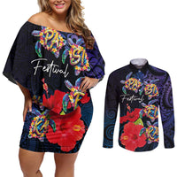 Pasifika Festival Couples Matching Off Shoulder Short Dress and Long Sleeve Button Shirt Plumeria Turtles with Hibiscus - Polynesian Art Tattoo Dark Navy Color LT03 Dark Navy - Polynesian Pride