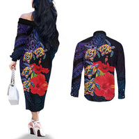 Pasifika Festival Couples Matching Off The Shoulder Long Sleeve Dress and Long Sleeve Button Shirt Plumeria Turtles with Hibiscus - Polynesian Art Tattoo Dark Navy Color LT03 - Polynesian Pride