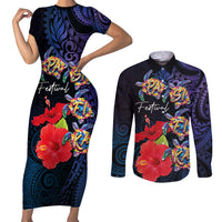 Pasifika Festival Couples Matching Short Sleeve Bodycon Dress and Long Sleeve Button Shirt Plumeria Turtles with Hibiscus - Polynesian Art Tattoo Dark Navy Color LT03 Dark Navy - Polynesian Pride