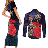 Pasifika Festival Couples Matching Short Sleeve Bodycon Dress and Long Sleeve Button Shirt Plumeria Turtles with Hibiscus - Polynesian Art Tattoo Dark Navy Color LT03 - Polynesian Pride