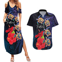 Pasifika Festival Couples Matching Summer Maxi Dress and Hawaiian Shirt Plumeria Turtles with Hibiscus - Polynesian Art Tattoo Dark Navy Color LT03 Dark Navy - Polynesian Pride