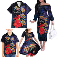 Pasifika Festival Family Matching Off The Shoulder Long Sleeve Dress and Hawaiian Shirt Plumeria Turtles with Hibiscus - Polynesian Art Tattoo Dark Navy Color LT03 - Polynesian Pride