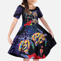 Pasifika Festival Family Matching Off Shoulder Maxi Dress and Hawaiian Shirt Plumeria Turtles with Hibiscus - Polynesian Art Tattoo Dark Navy Color LT03 Daughter's Dress Dark Navy - Polynesian Pride
