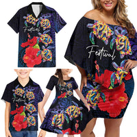 Pasifika Festival Family Matching Off Shoulder Short Dress and Hawaiian Shirt Plumeria Turtles with Hibiscus - Polynesian Art Tattoo Dark Navy Color LT03 - Polynesian Pride