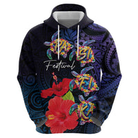 Pasifika Festival Hoodie Plumeria Turtles with Hibiscus - Polynesian Art Tattoo Dark Navy Color LT03 - Polynesian Pride