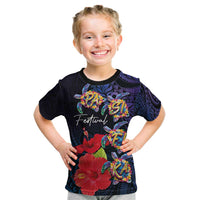 Pasifika Festival Kid T Shirt Plumeria Turtles with Hibiscus - Polynesian Art Tattoo Dark Navy Color LT03 Dark Navy - Polynesian Pride