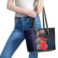 Pasifika Festival Leather Tote Bag Plumeria Turtles with Hibiscus - Polynesian Art Tattoo Dark Navy Color LT03 - Polynesian Pride