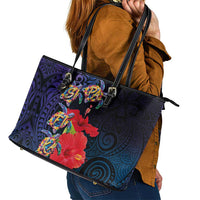 Pasifika Festival Leather Tote Bag Plumeria Turtles with Hibiscus - Polynesian Art Tattoo Dark Navy Color LT03 - Polynesian Pride