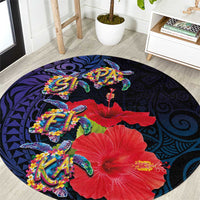 Pasifika Festival Round Carpet Plumeria Turtles with Hibiscus - Polynesian Art Tattoo Dark Navy Color LT03 Dark Navy - Polynesian Pride