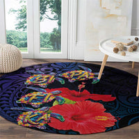 Pasifika Festival Round Carpet Plumeria Turtles with Hibiscus - Polynesian Art Tattoo Dark Navy Color LT03 - Polynesian Pride