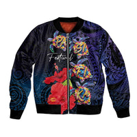 Pasifika Festival Sleeve Zip Bomber Jacket Plumeria Turtles with Hibiscus - Polynesian Art Tattoo Dark Navy Color LT03 Unisex Dark Navy - Polynesian Pride