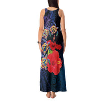 Pasifika Festival Tank Maxi Dress Plumeria Turtles with Hibiscus - Polynesian Art Tattoo Dark Navy Color LT03 - Polynesian Pride